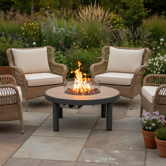Happy Cocooning, Riviera, 80cm Teak and Aluminium Gas Fire Table  - Anthracite