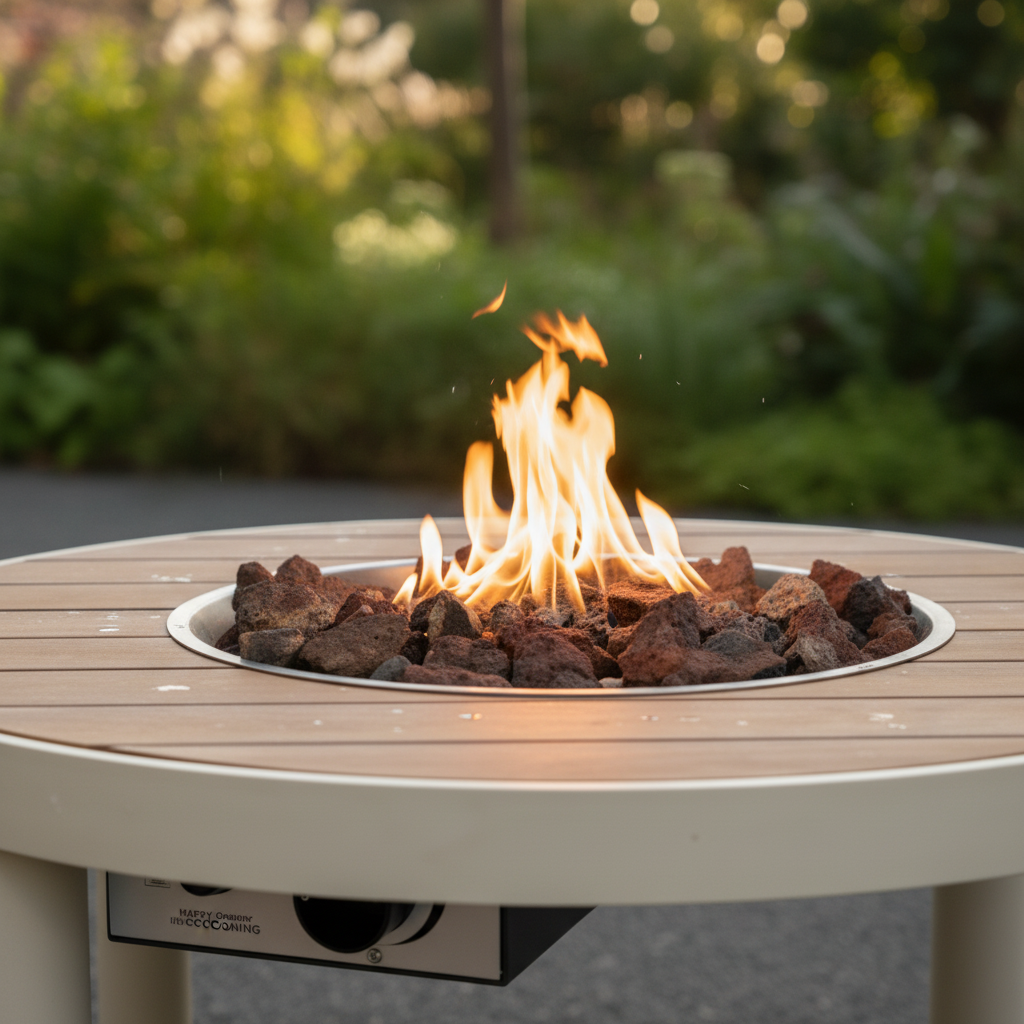 Happy Cocooning, Riviera, 80cm Teak and Aluminium Gas Fire Table  - Oyster Beige