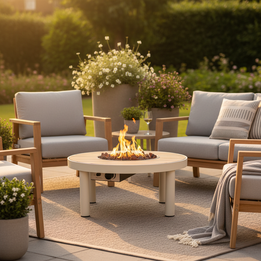 Happy Cocooning, Riviera, 80cm Teak and Aluminium Gas Fire Table  - Oyster Beige
