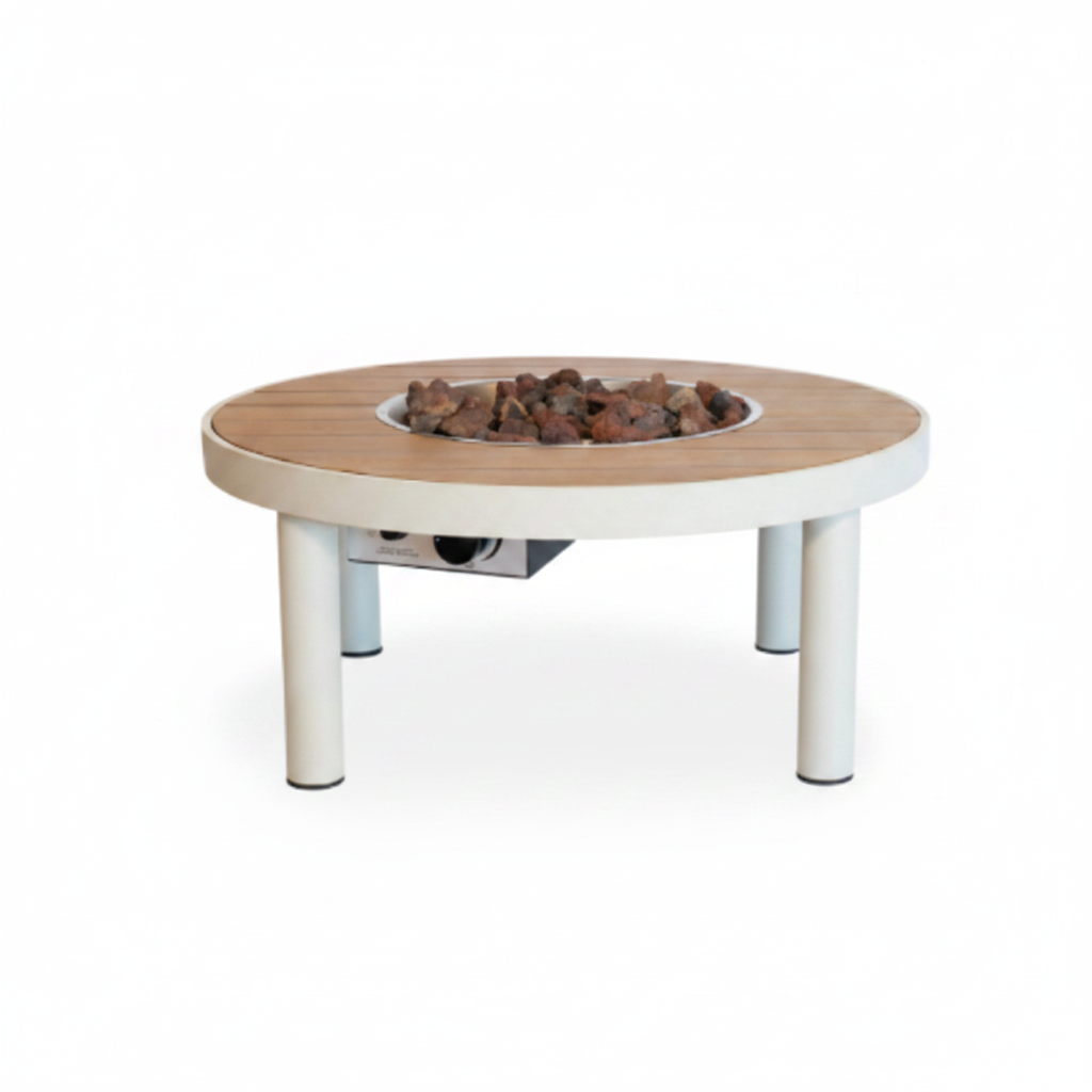 Happy Cocooning, Riviera, 80cm Teak and Aluminium Gas Fire Table  - Oyster Beige