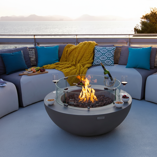 Lunar Bowl Fire Table - Light Grey, Modern Design, 45,000 BTU, Safe Outdoor Heating