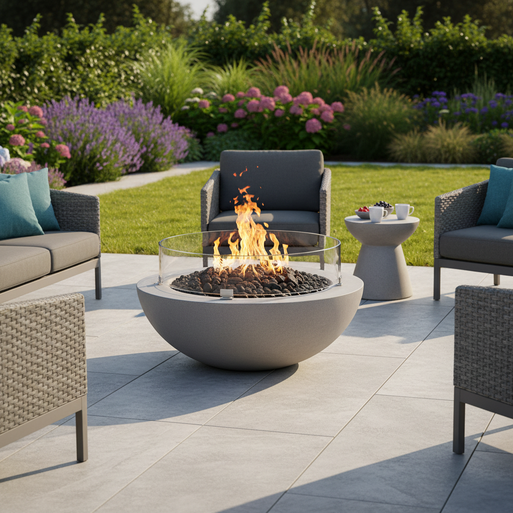 Lunar Bowl Fire Table - Light Grey, Modern Design, 45,000 BTU, Safe Outdoor Heating
