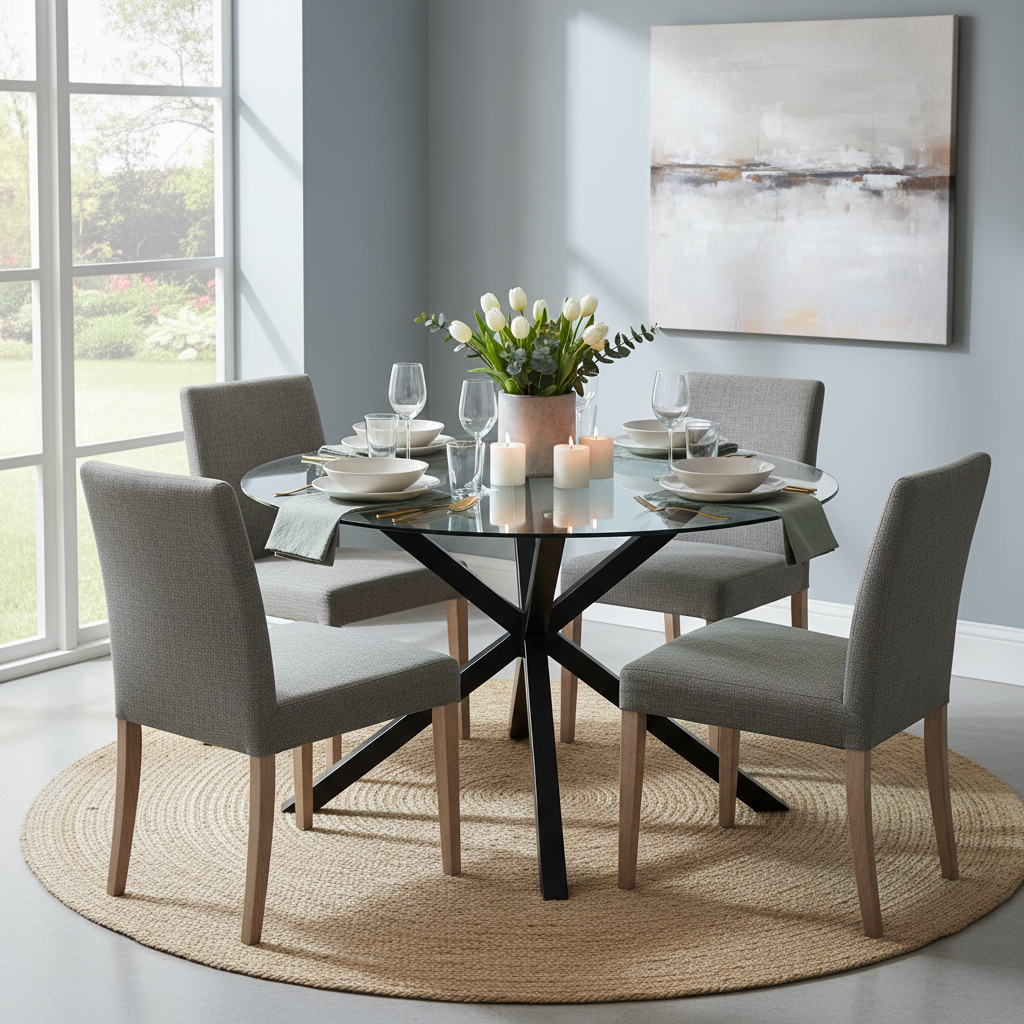 Monza Round Glass Dining Table – Elegant Black Glass & Metal Dining Table