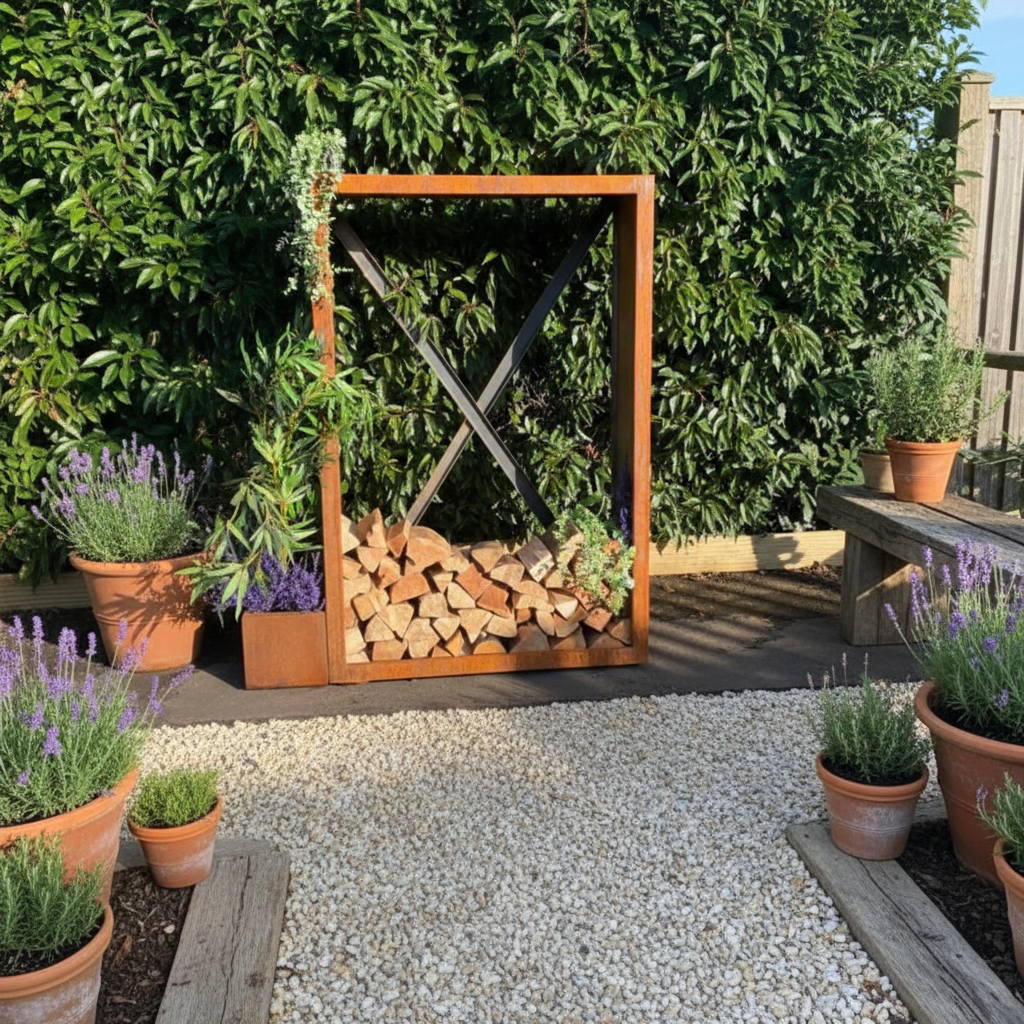 Tall Corten Steel Logstore – Handmade British Outdoor Firewood Storage