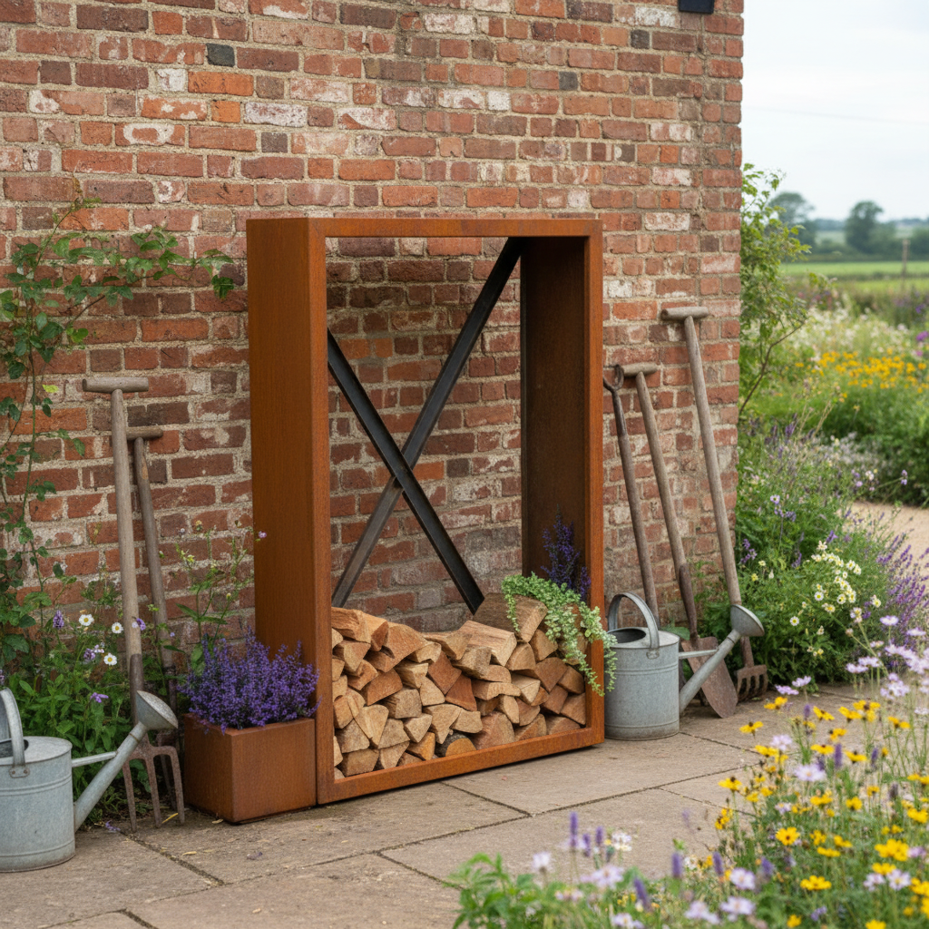 Tall Corten Steel Logstore – Handmade British Outdoor Firewood Storage