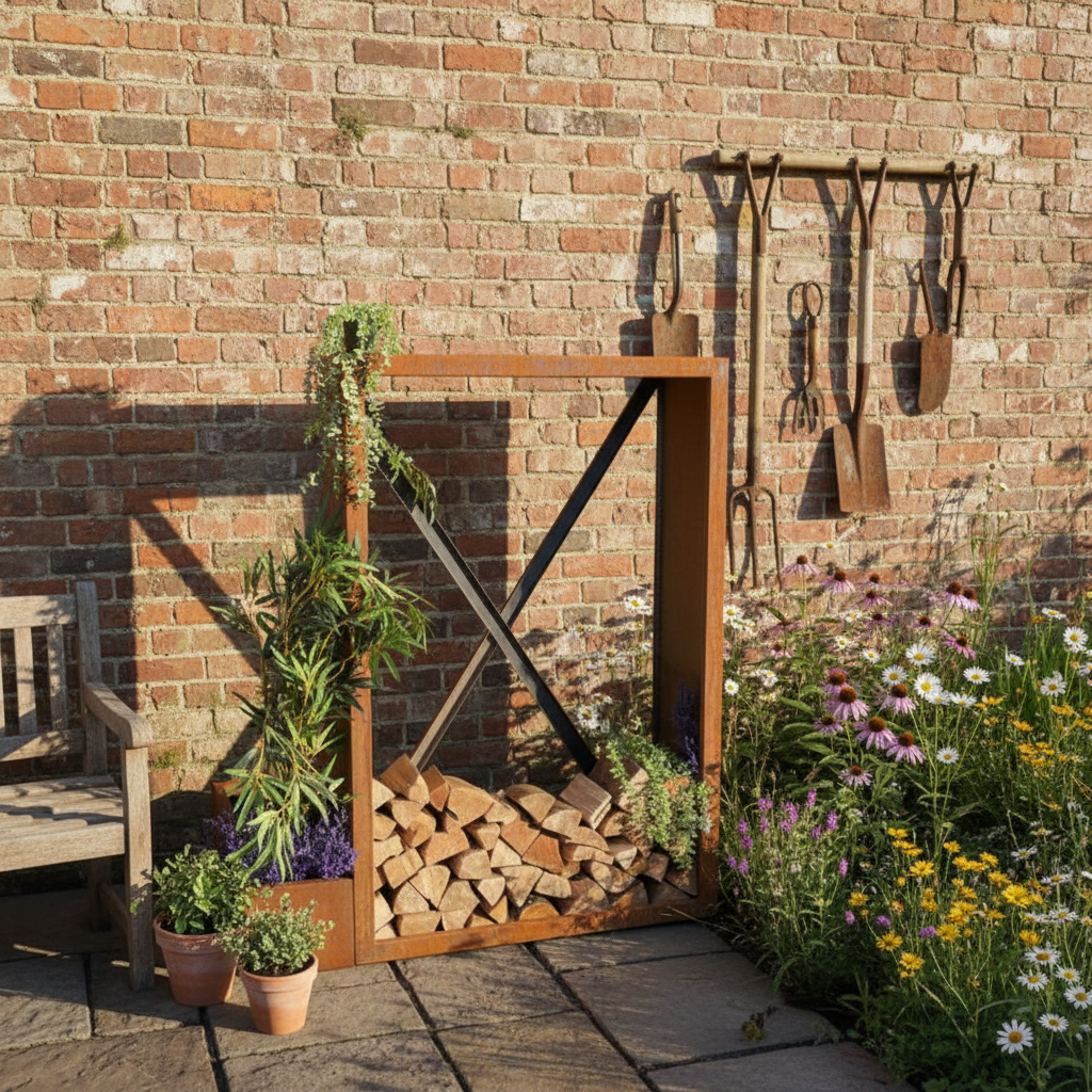 Tall Corten Steel Logstore – Handmade British Outdoor Firewood Storage