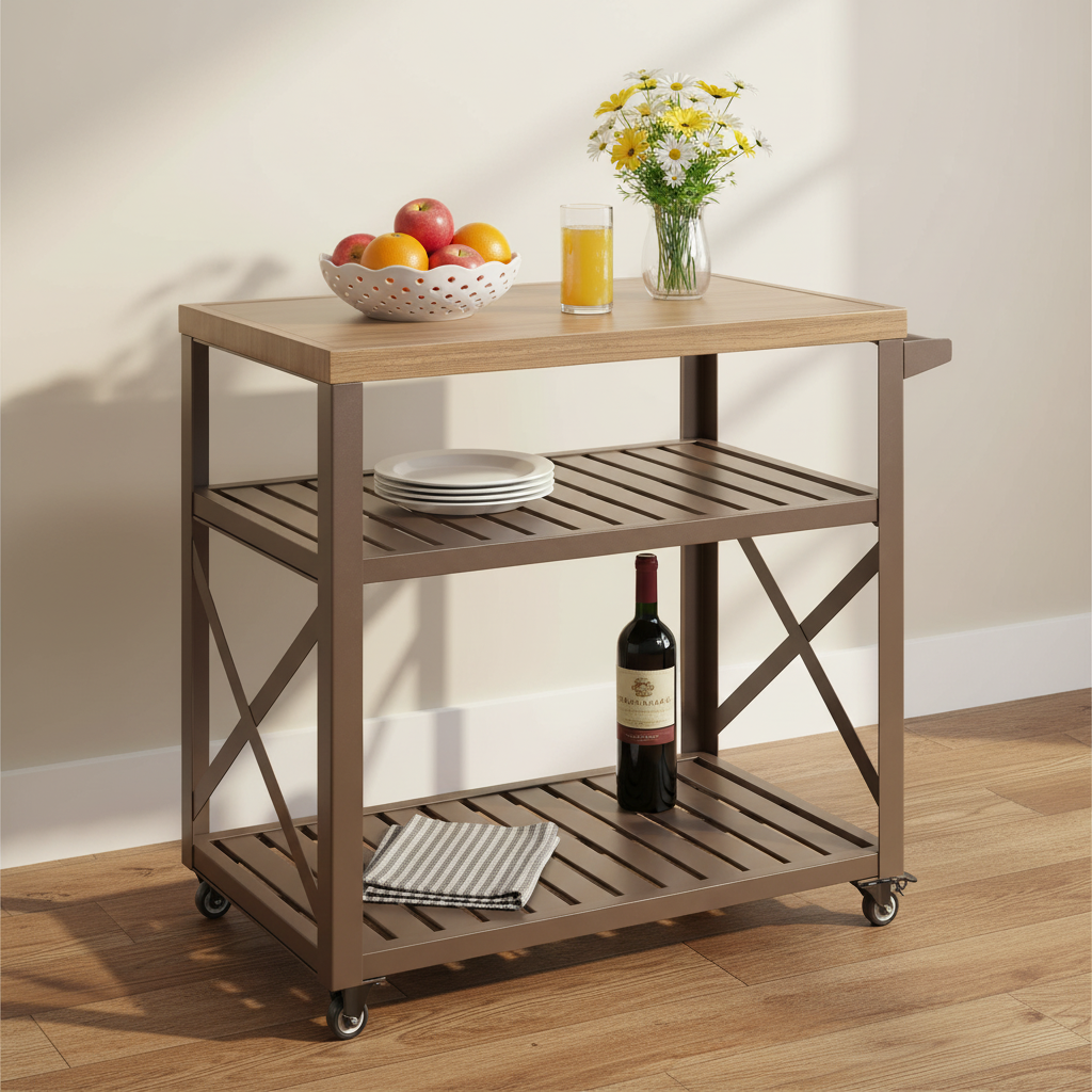 Trolley L Outdoor Serving Station with Wood-Effect Top and Locking Wheels
