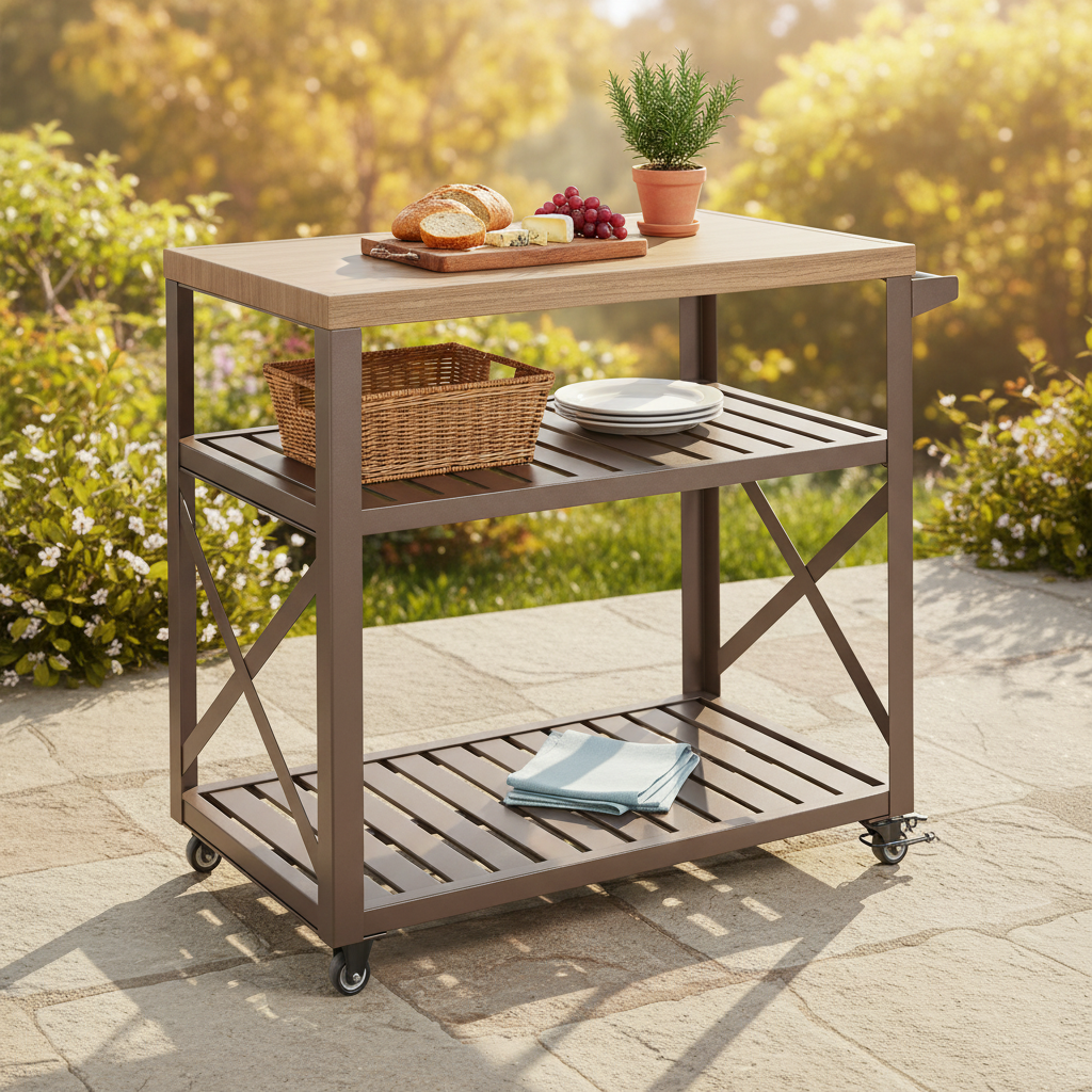 Trolley L Outdoor Serving Station with Wood-Effect Top and Locking Wheels