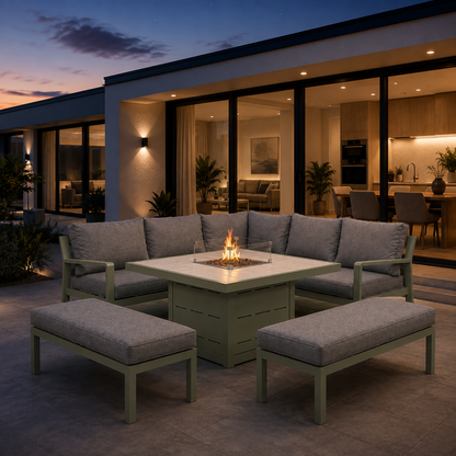 Hex Living Fireside Set in Sage Green with Gas Fire Pit Table