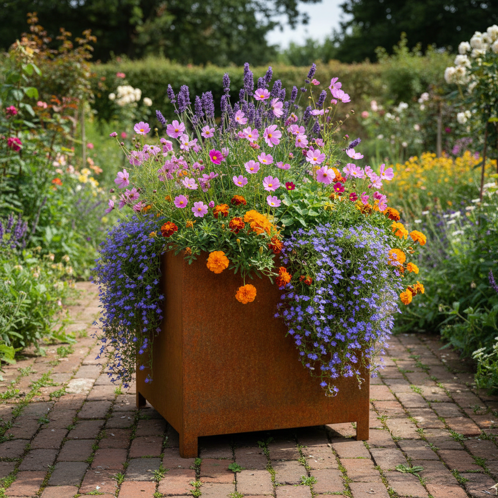 Arden Cube Planter with 90mm Feet in Rustic Patina Steel