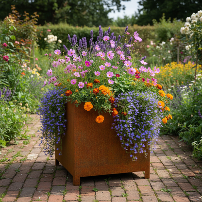 Arden Cube Planter with 90mm Feet in Rustic Patina Steel