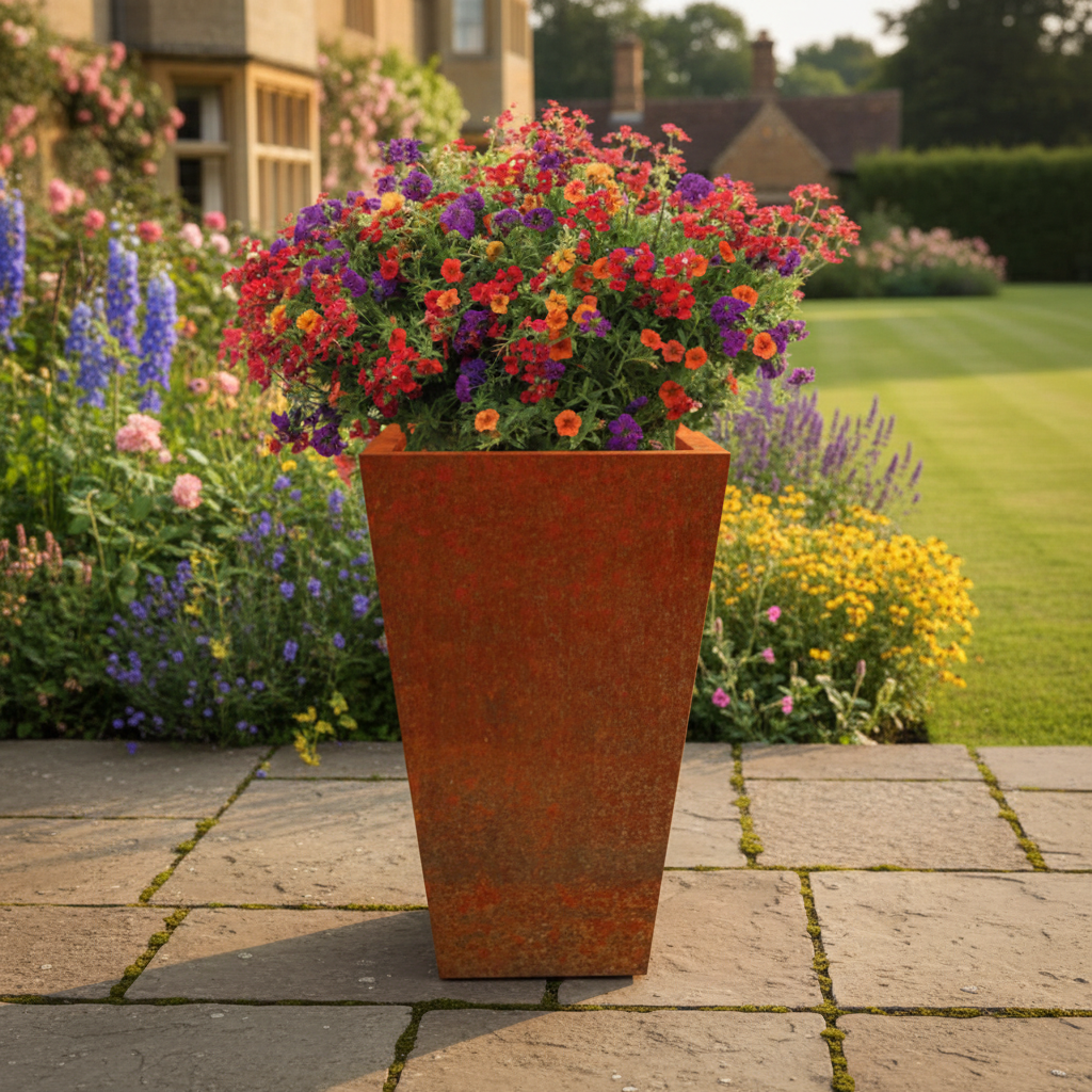 Harrogate Tapered Planter Rustic Patina Steel with Drainage