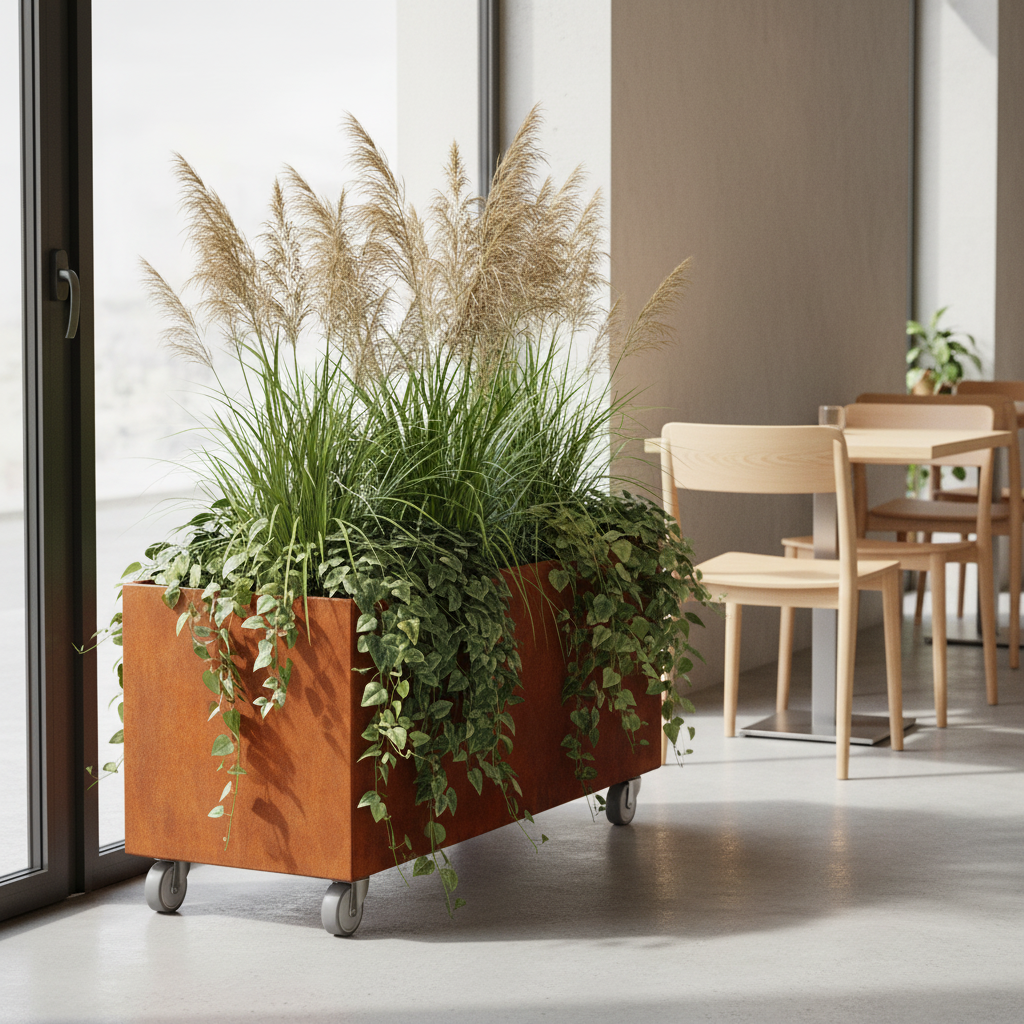 Corten Steel Café Planter Trough with Castors UK