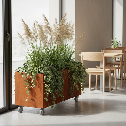 Corten Steel Café Planter Trough with Castors UK