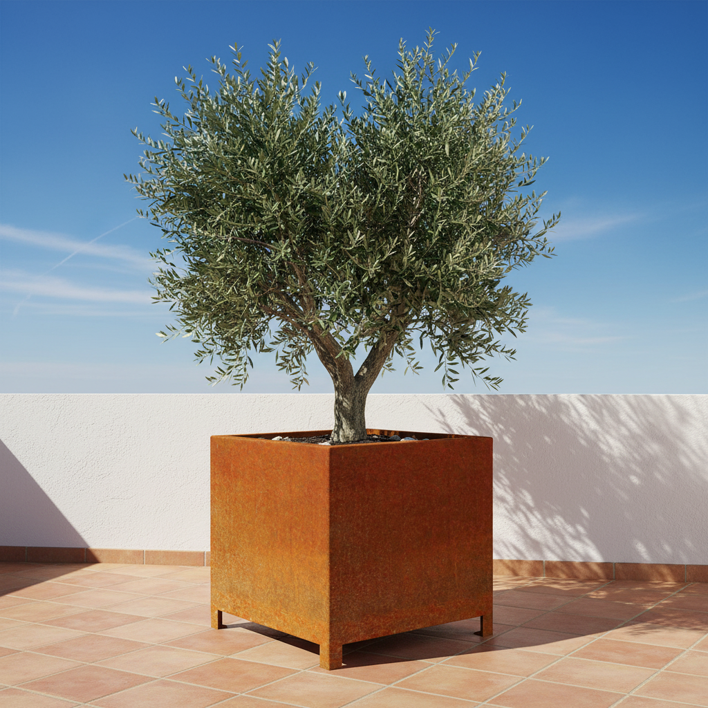 Arden Cube Planter with 90mm Feet in Rustic Patina Steel