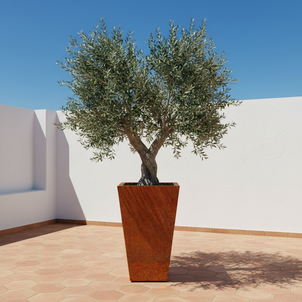 Harrogate Tapered Planter Rustic Patina Steel with Drainage
