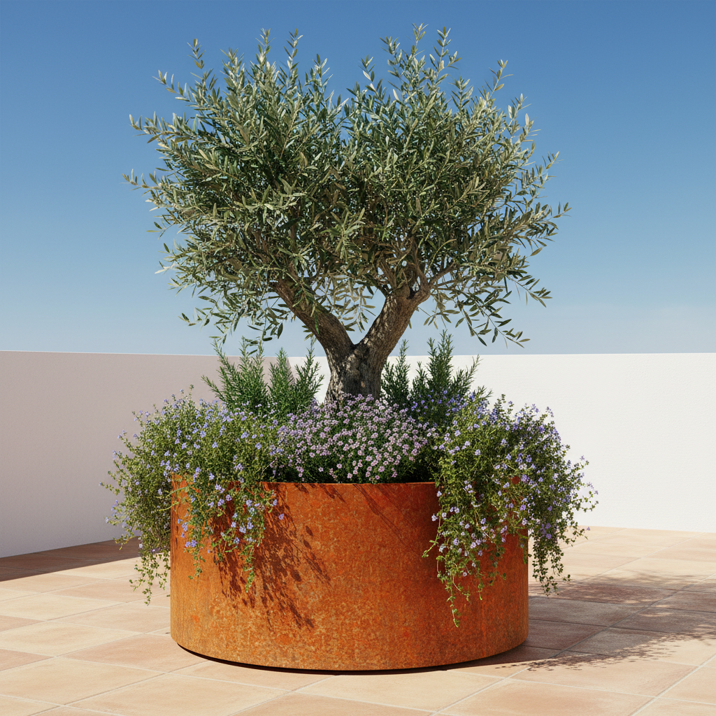 Henley Cylindrical Planter Rustic Patina Steel Outdoor Garden Planter