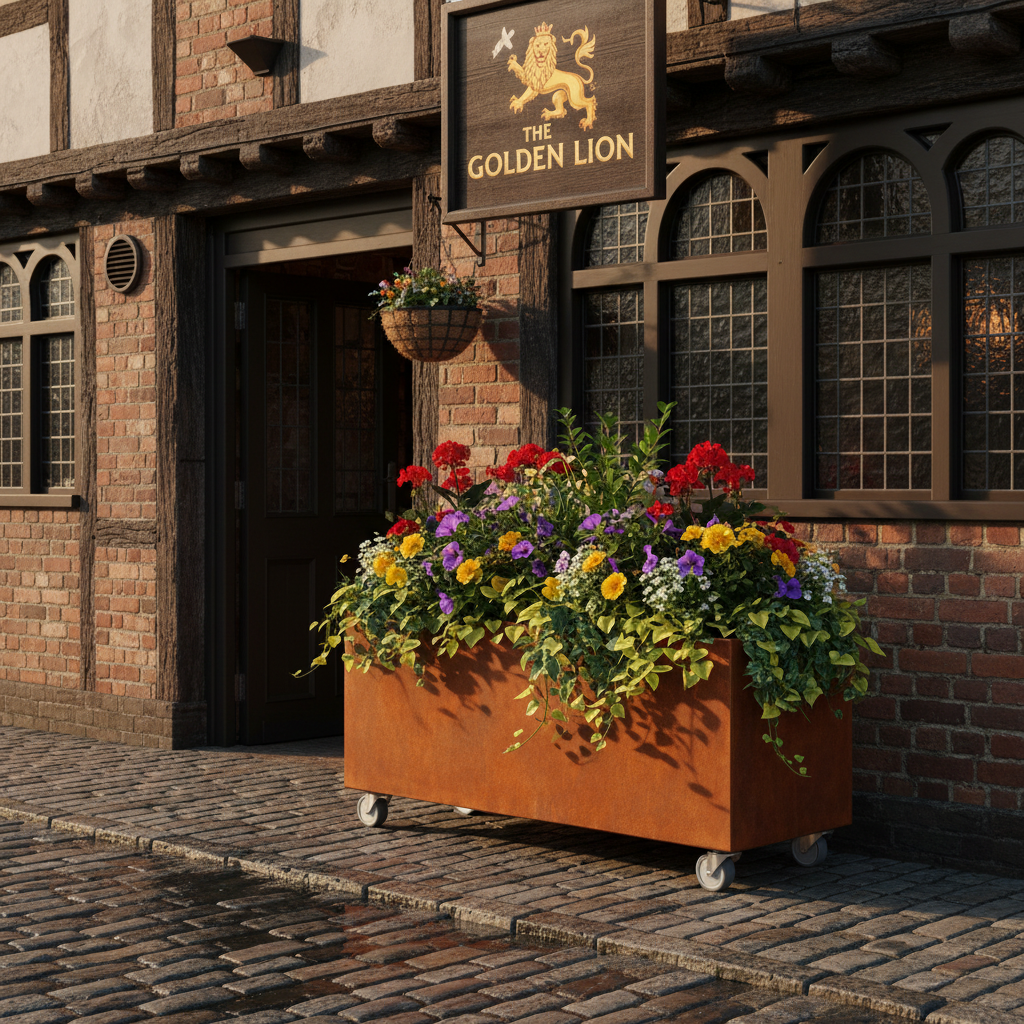 Corten Steel Café Planter Trough with Castors UK