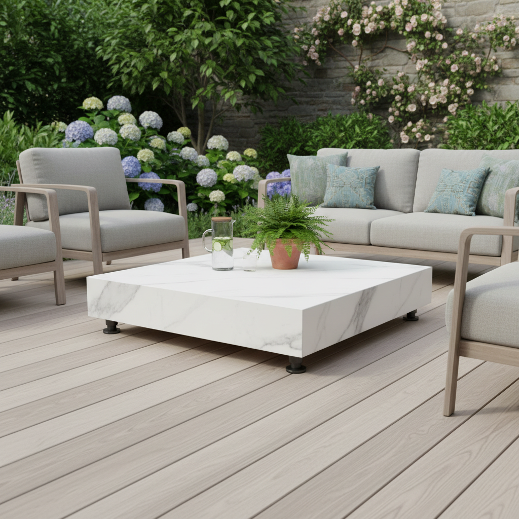 Elementi, Bianco Coffee Table, Square Large, Marble Porcelain,  Indoor/Outdoor