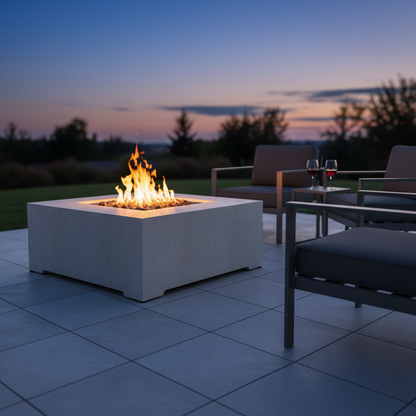 Square speckled stone fire table dusk