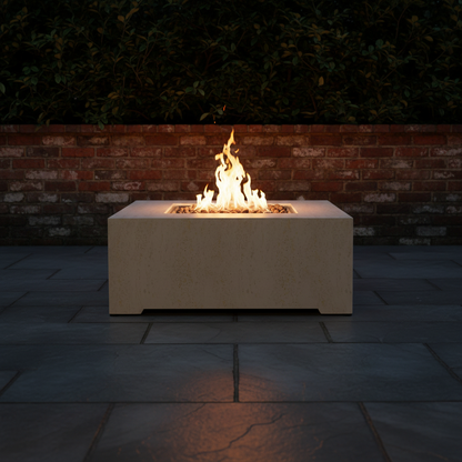 Square speckled stone fire table night