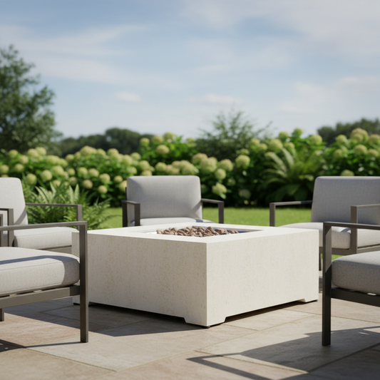 Square stone fire table bright daylight