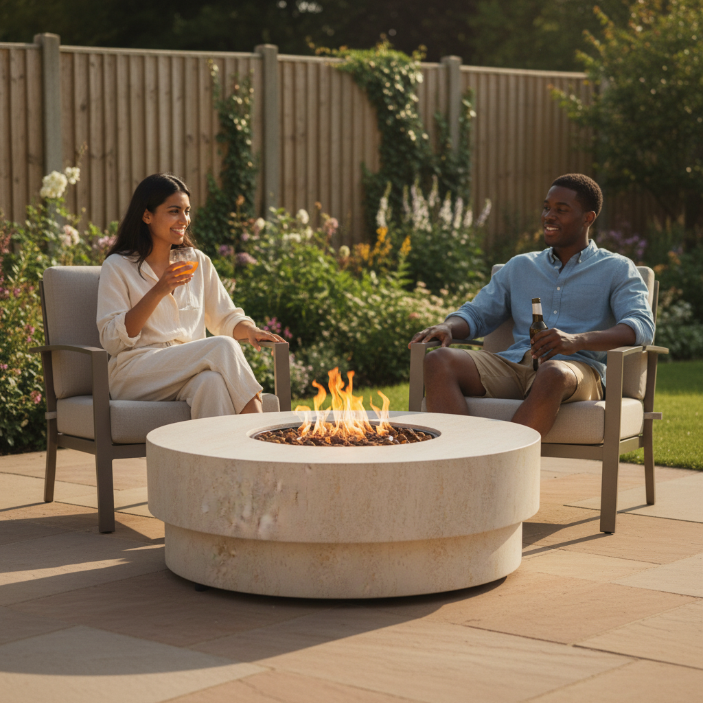 Happy Cocooning, Estate,  105cm, Round, Gas Fire Table, Stone - Travertine