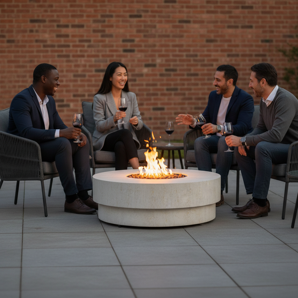 Happy Cocooning, Estate,  105cm, Round, Gas Fire Table, Stone - Travertine