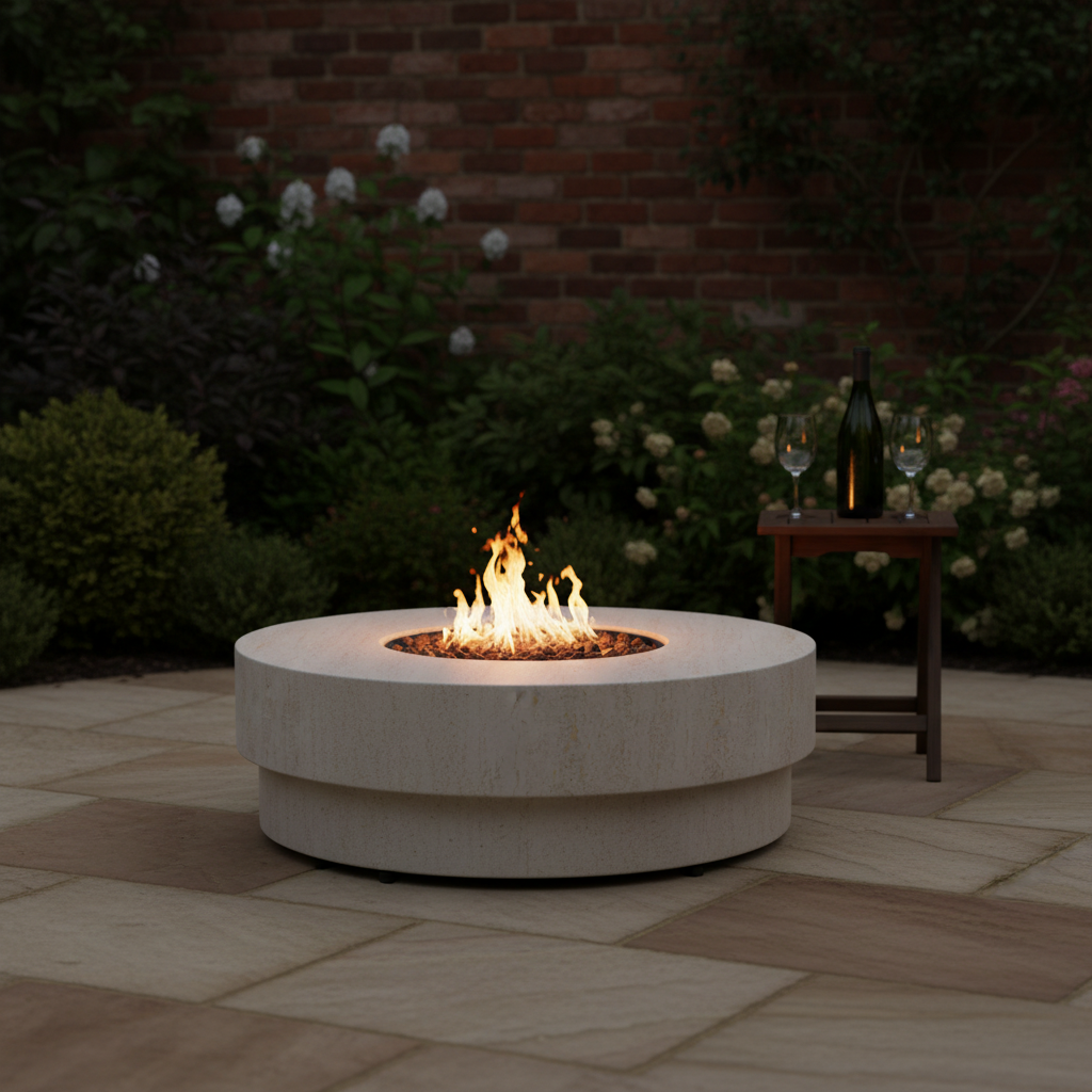 Happy Cocooning, Estate,  105cm, Round, Gas Fire Table, Stone - Travertine