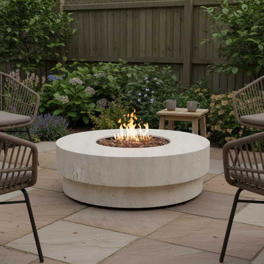 Happy Cocooning, Estate,  105cm, Round, Gas Fire Table, Stone - Travertine