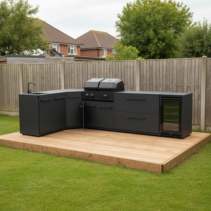 Cozze Elements L Shape Outdoor Kitchen with Gas Grill, Sink, Fridge and Storage