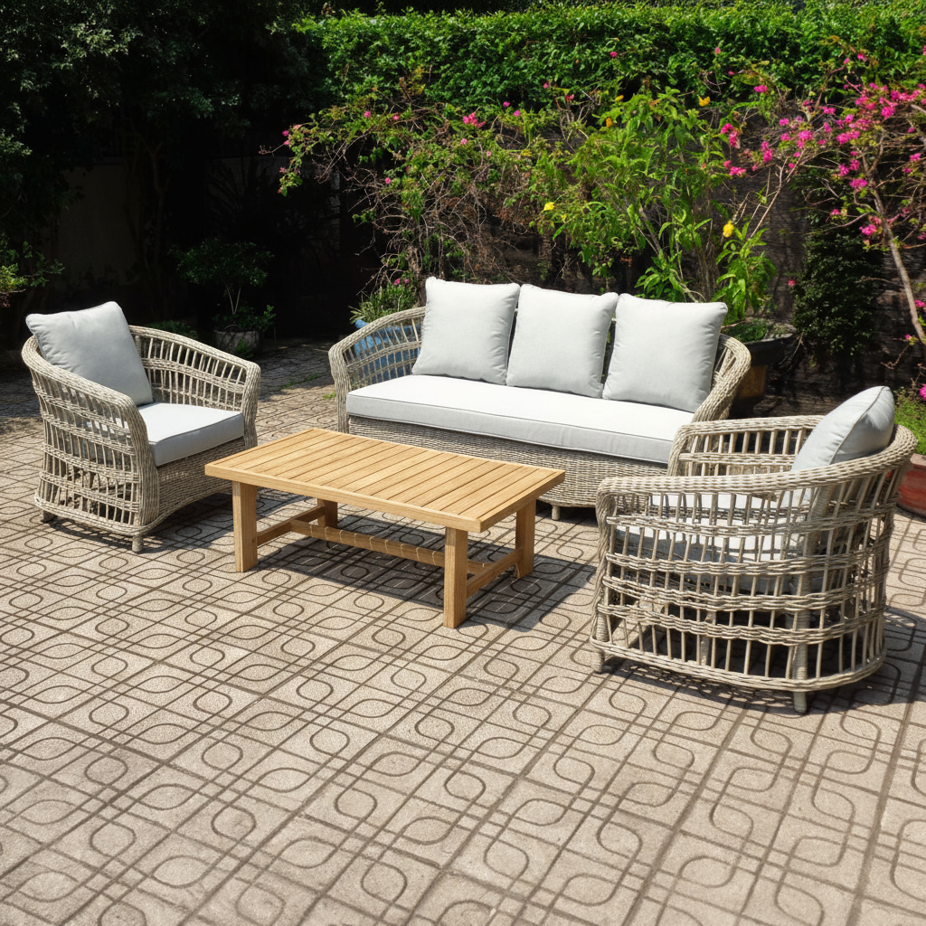 All Weather Outdoor Lounge Set Beige Wicker Sofa Chairs Table