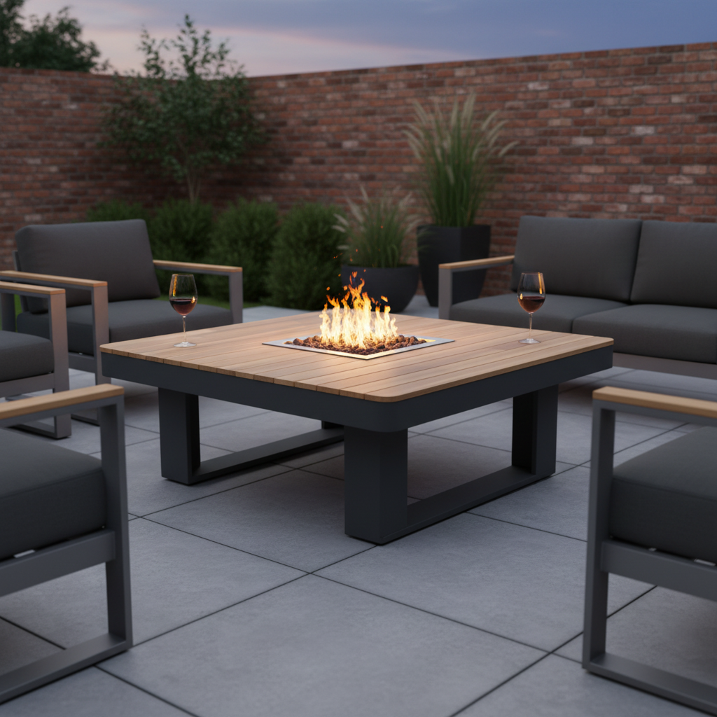 Teak charcoal fire table dusk wine