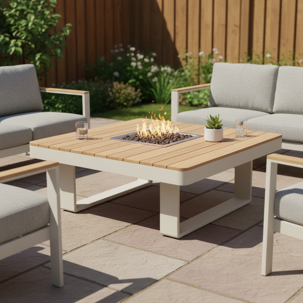Happy Cocooning, Horizon, 95cm Square Gas Fire Table (Teak) Oyster Beige