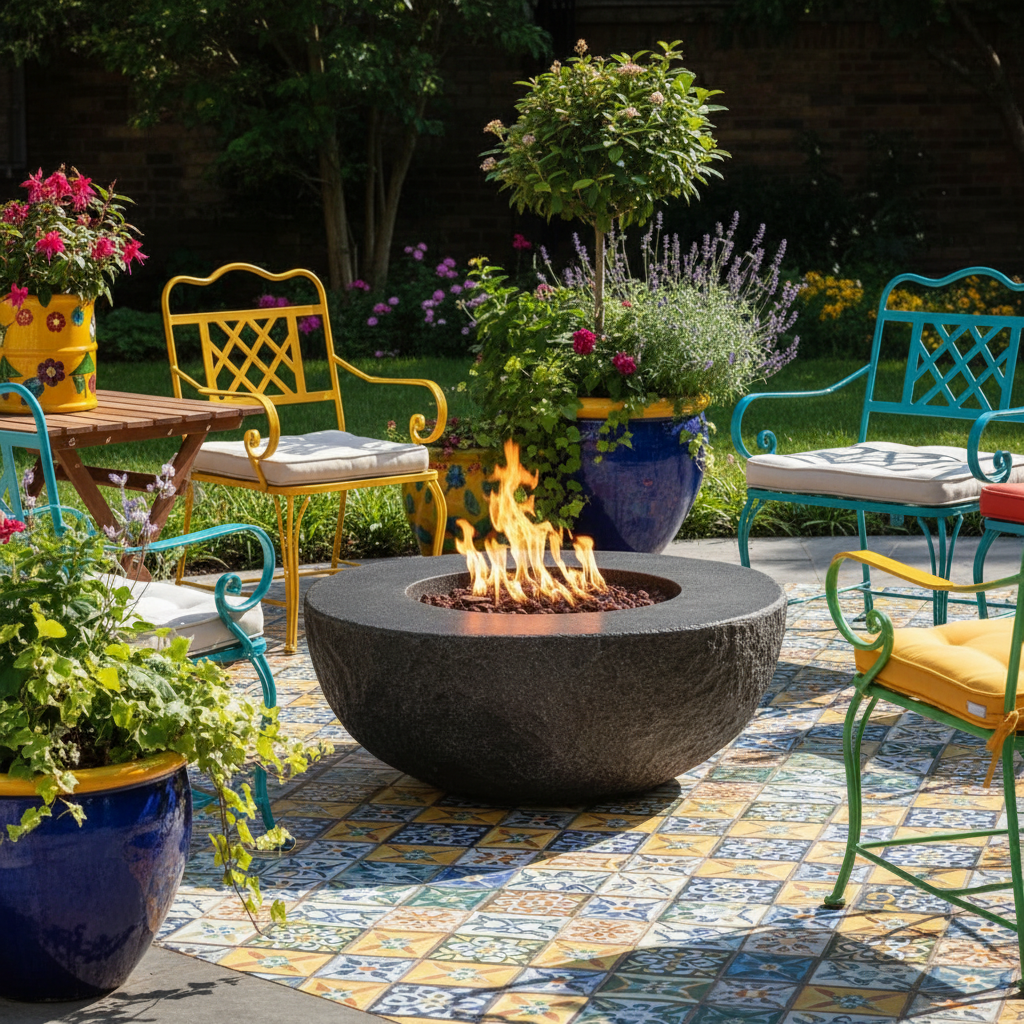 Textured fire bowl funky patio