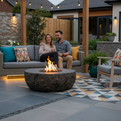 Textured fire bowl with couple
