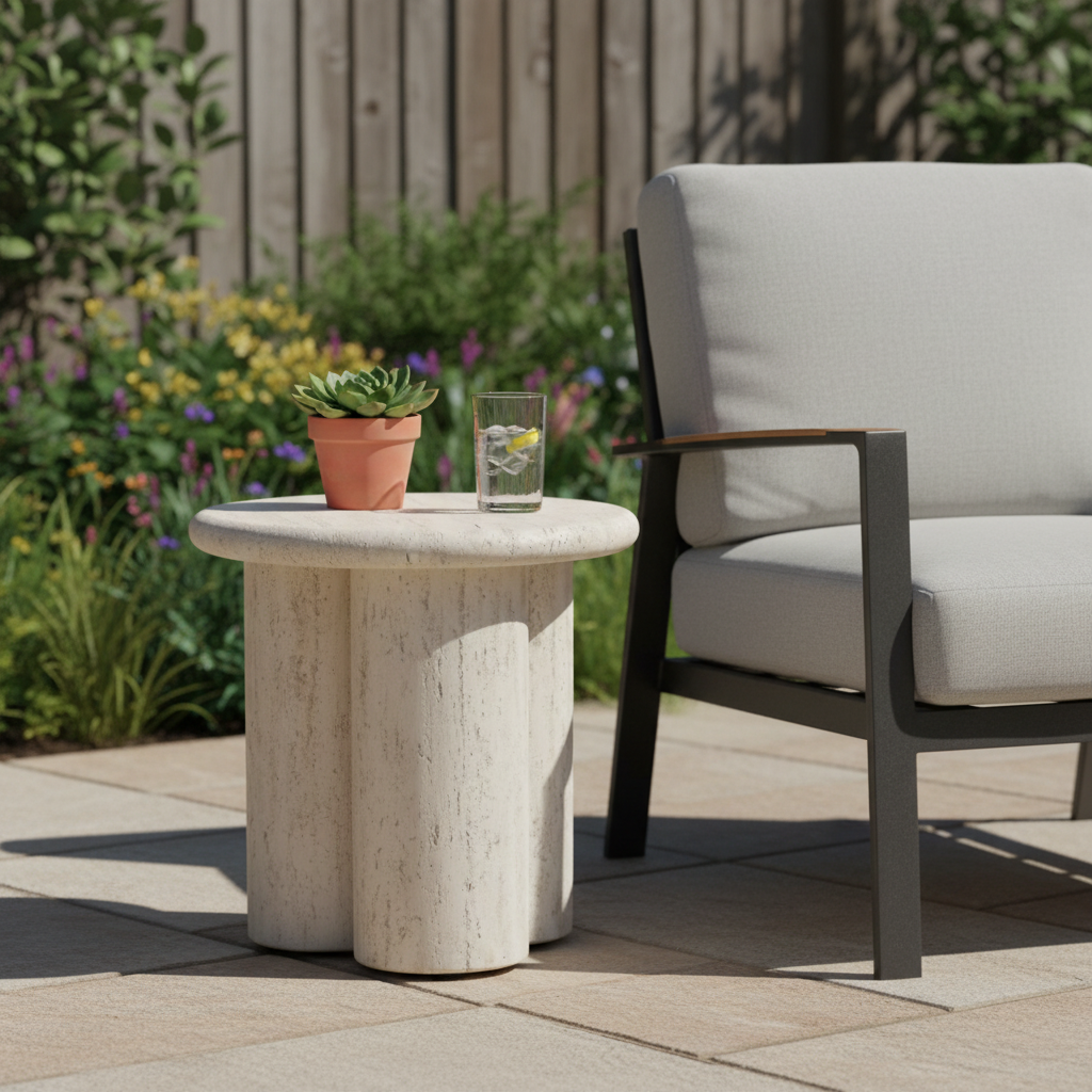 Travertine side table outdoor daylight