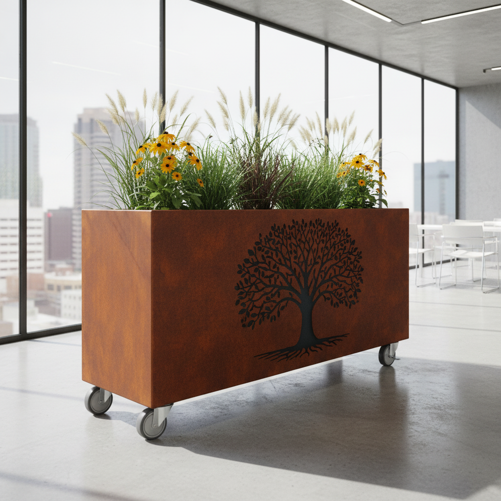Café Planter Trough with 100mm Castors Rustic Corten Steel