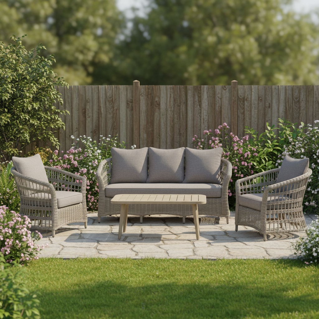 All Weather Outdoor Lounge Set Beige Wicker Sofa Chairs Table