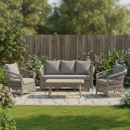 All Weather Outdoor Lounge Set Beige Wicker Sofa Chairs Table