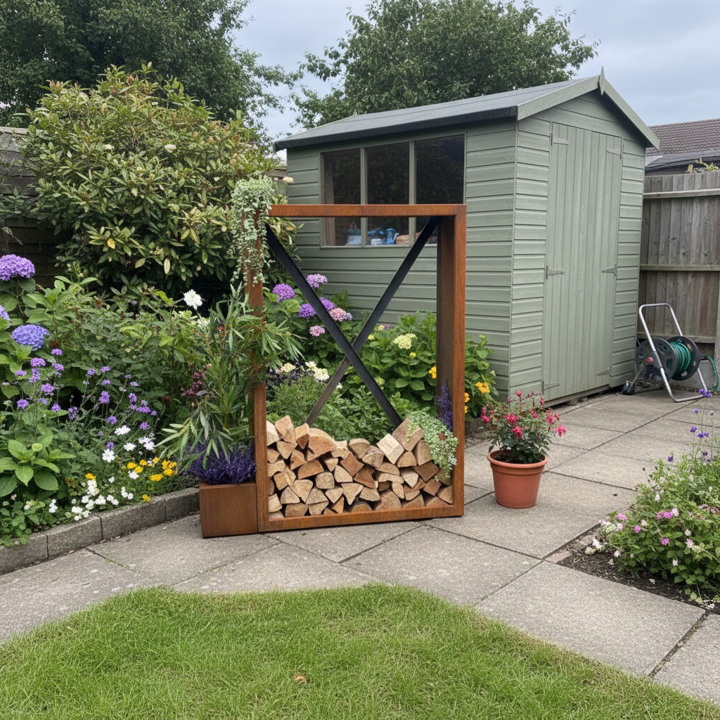 Tall Corten Steel Logstore – Handmade British Outdoor Firewood Storage