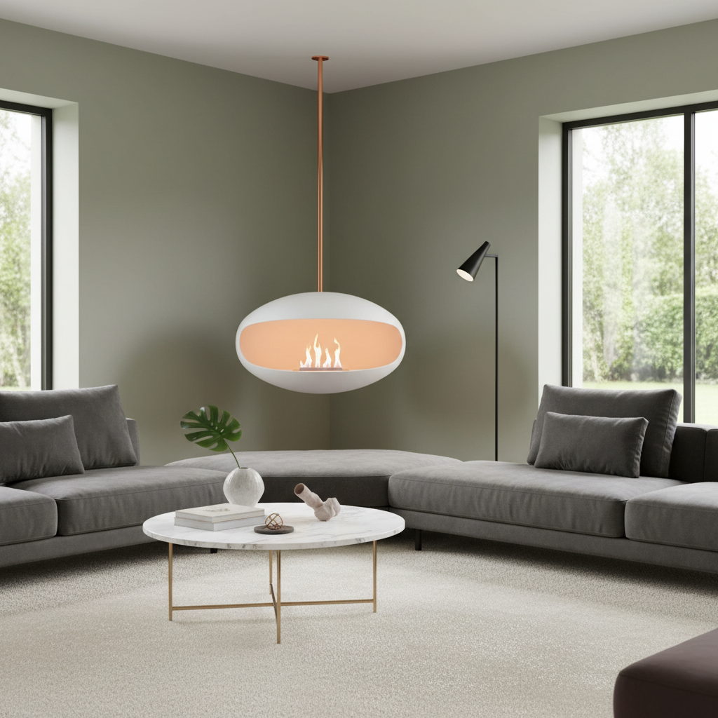 Cocoon Aeris White + Copper Rod Bioethanol Fireplace