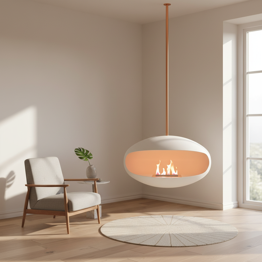 Cocoon Aeris White + Copper Rod Bioethanol Fireplace