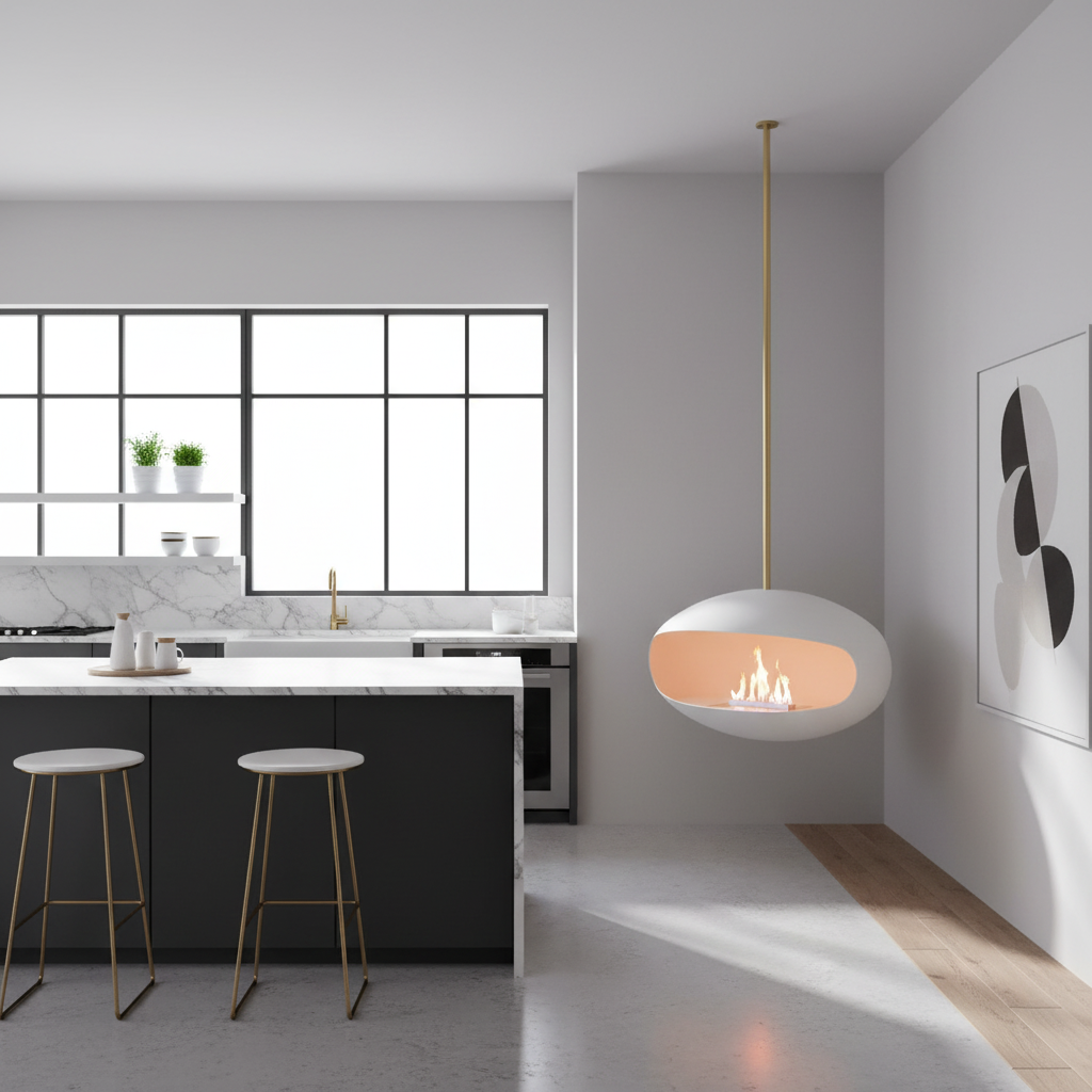 Cocoon Aeris White + Brass Rod Bioethanol Fireplace