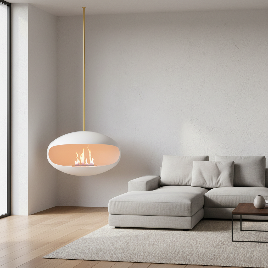Cocoon Aeris White + Brass Rod Bioethanol FireplaceRoom