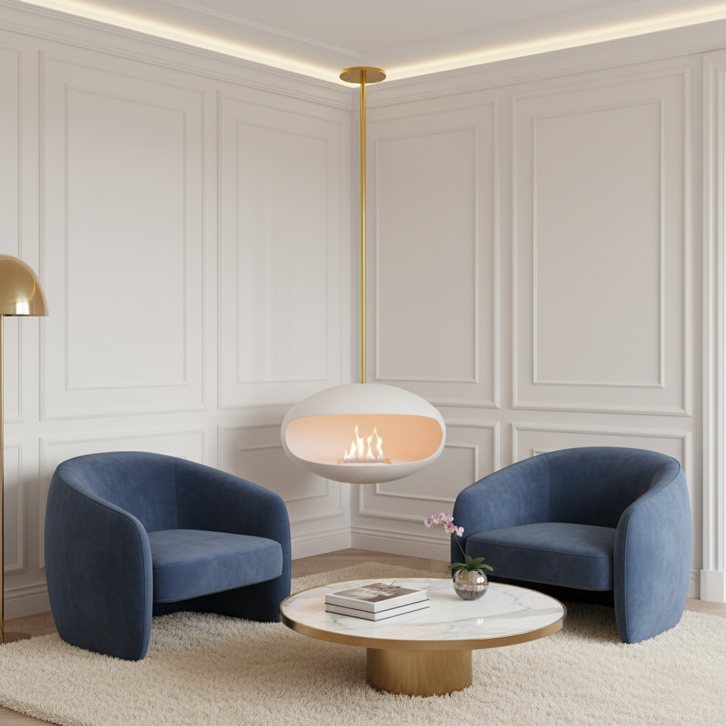 Cocoon Aeris White + Brass Rod Bioethanol Fireplace