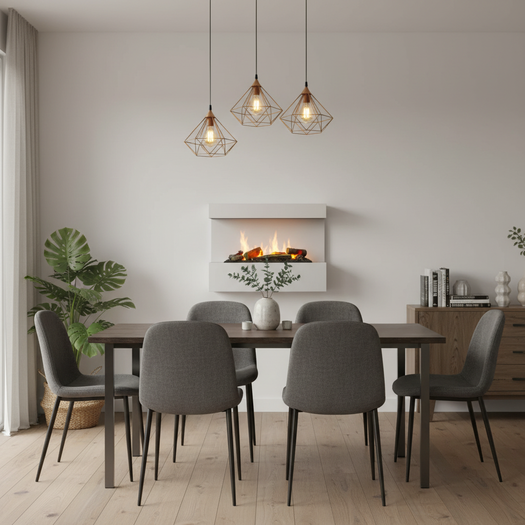 White fireplace with canopy lower on wall dining room 800x800
