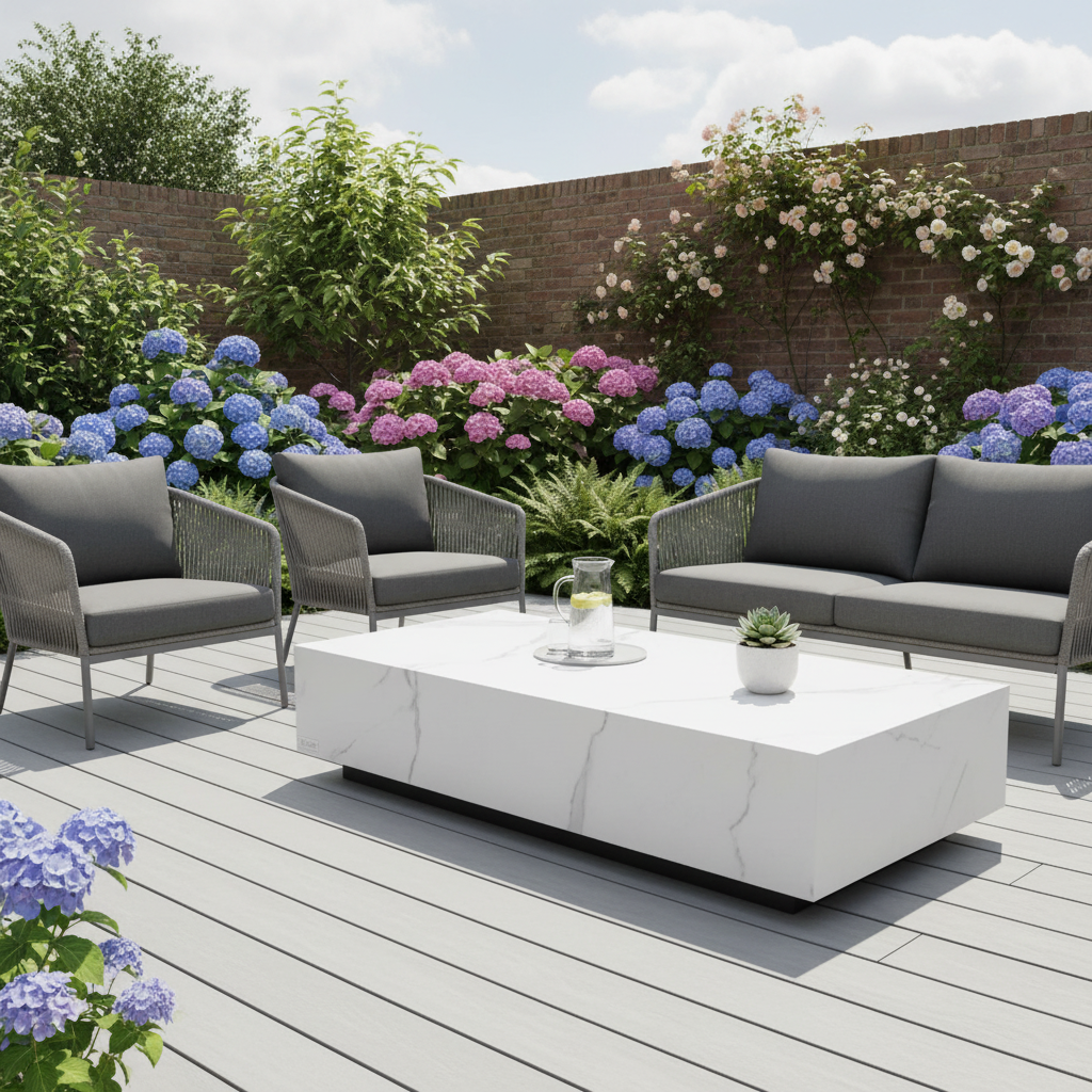 White marble table on garden patio