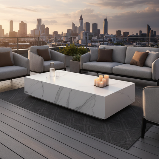 White marble table on rooftop terrace