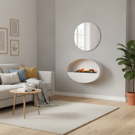 White oval wall-mounted fireplace in Scandinavian-style living room